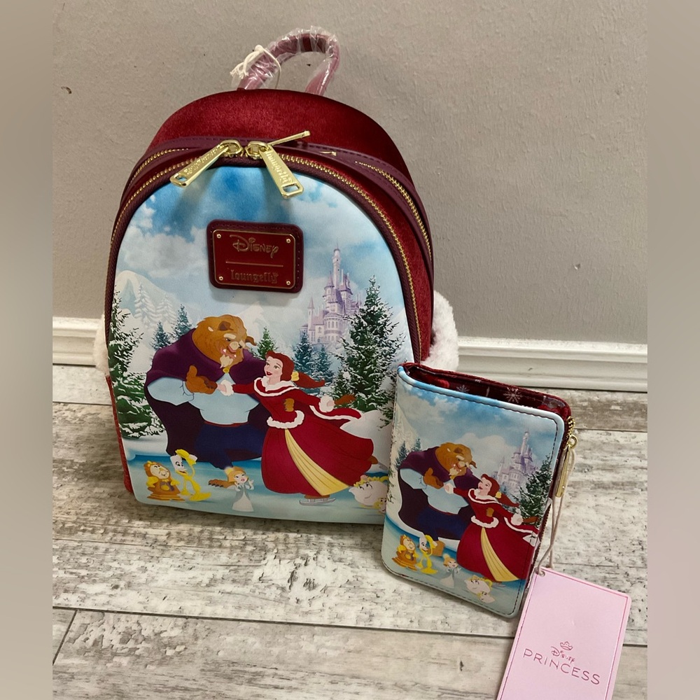 NWT Loungefly Beauty and the beast winter ice skating backpack and wallet